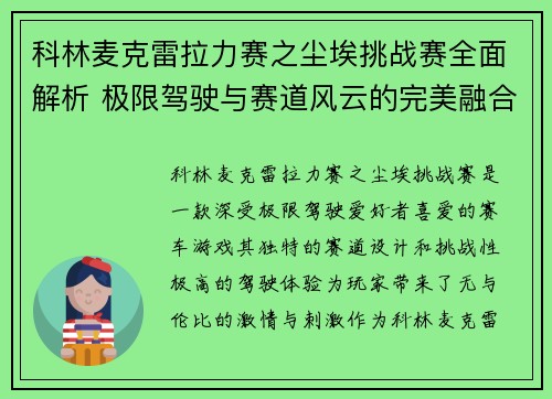 科林麦克雷拉力赛之尘埃挑战赛全面解析 极限驾驶与赛道风云的完美融合